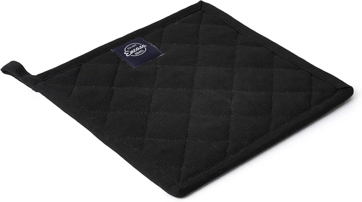 Encasa XO Pot Holders, Quilted Kitchen Hot Pads 8"x8" Black