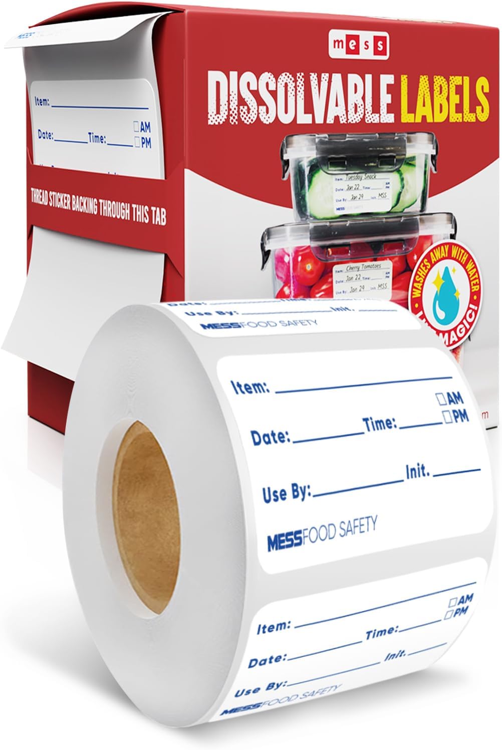 MESS Dissolvable Food Labels, 1x2, 200/Roll - Dissolves in 30 Seconds or Less - Removable Pantry, Meal Prep & Food Storage Labels – Canning & Freezer Use