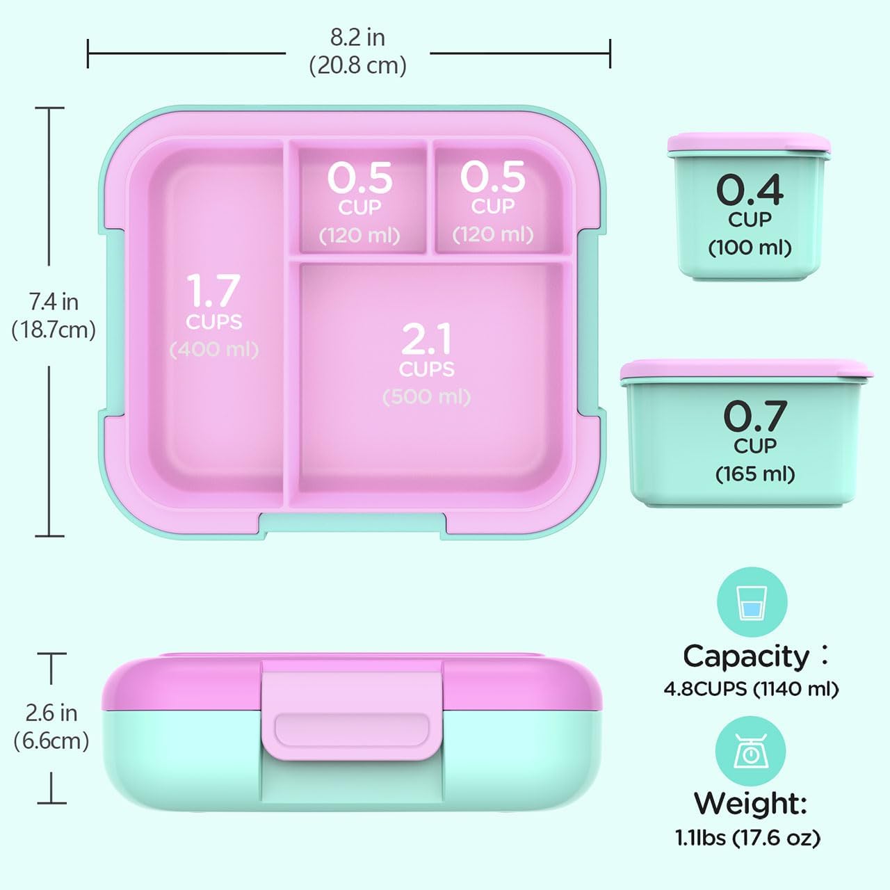 Caperci Bento Box for Kids - Large 4.8 Cups Lunch Box with Two Modular Containers - 4 Compartments, Leak-Proof, Portable Handle, Microwave/Dishwasher Safe, BPA-Free (Jungle Green/Blue)