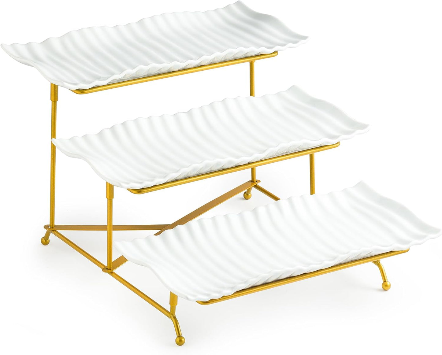 LAUCHUH 3 Tier Serving Tray, Porcelain Serving Platter Tier Serving Stand with Collapsible Sturdier Rack, Serving Trays and Platters Dessert Party Display Set for Father's Day, Gold, 12 Inch
