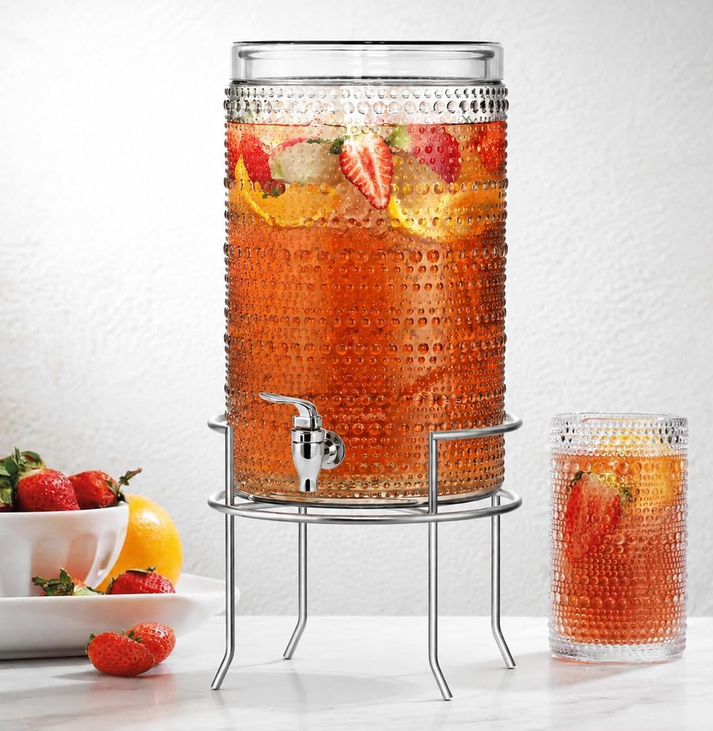 2 Gallon Glass Drink Dispenser, hobnail Drink Dispensers for Parties, Beverage Dispenser with Stand and Glass Lid, 100% Leakproof Spigot, Ideal for Lemonade, Juice, Laundry Detergent Dispenser