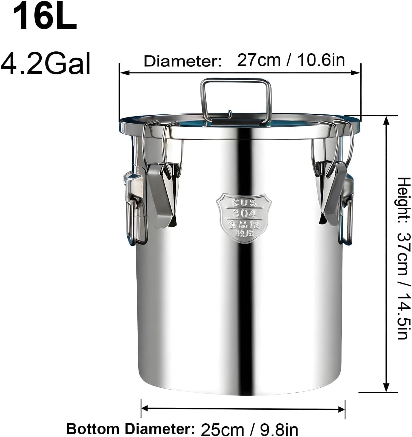 3.2Gal 304 Stainless Steel Kitchen Airtight Canister, 405oz Flour Container with Lid and Locking Clamp,10-21Lbs Metal Bucket Food Storage Container for Rice Flour Grain Coffee Bean(12L)
