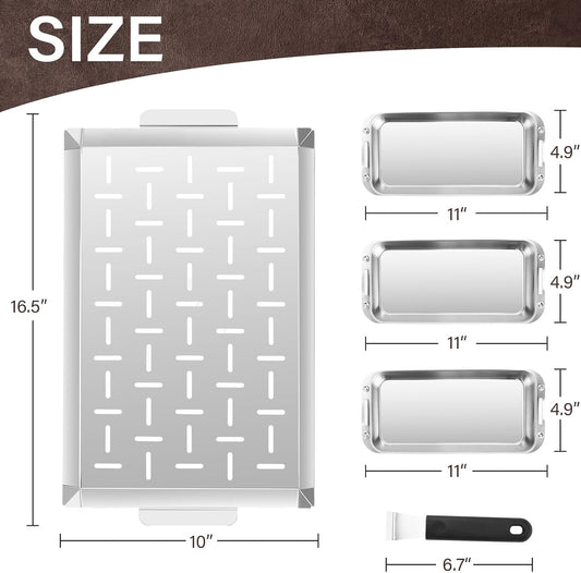 BBQ Vegetable Grill Basket Set, 4 Piece Stainless Steel Grill Pan Set with Universal Handle & lid, Dishwasher Safe, for Outdoor Cooking, Camping, Picnic, For Grilling Fish Veggies & Meats