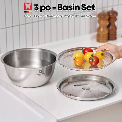 WAGENSTEIGER 3-Piece Stainless Steel Mixing Bowl Set with Strainer & Oil Drain Tray – Nesting Prep & Baking Bowls with Measurement Marks (9.45 in)