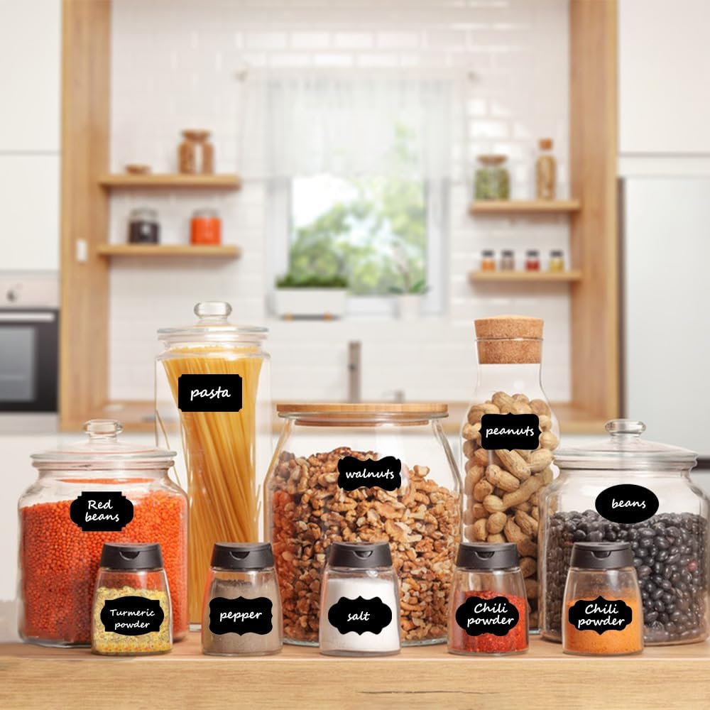 200PCS Chalkboard Labels, Waterproof Reusable Labels with 1 Erasable Pen, Removable Blackboard Label Stickers for Food Containers, Storage Bins, Jars, Kitchen Spice Label (Black)