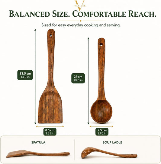 Wooden Cooking Utensils Set – Acacia Wood Spatula & Soup Ladle, 2-Piece Kitchen Tools for Cooking, Mixing & Serving, Non-Toxic, Heat Resistant, No Scratch for Nonstick Cookware, Long Handle