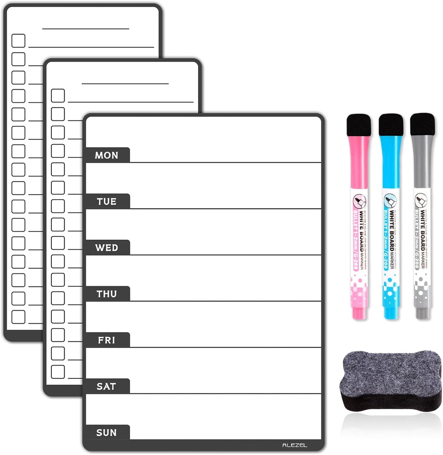 ALEZEL Weekly Dry Erase Board for Fridge, Magnetic Meal Planner Whiteboard Set - Includes Weekly Calendar for Refrigerator & 2 to Do List White Boards, 3 Markers + Eraser