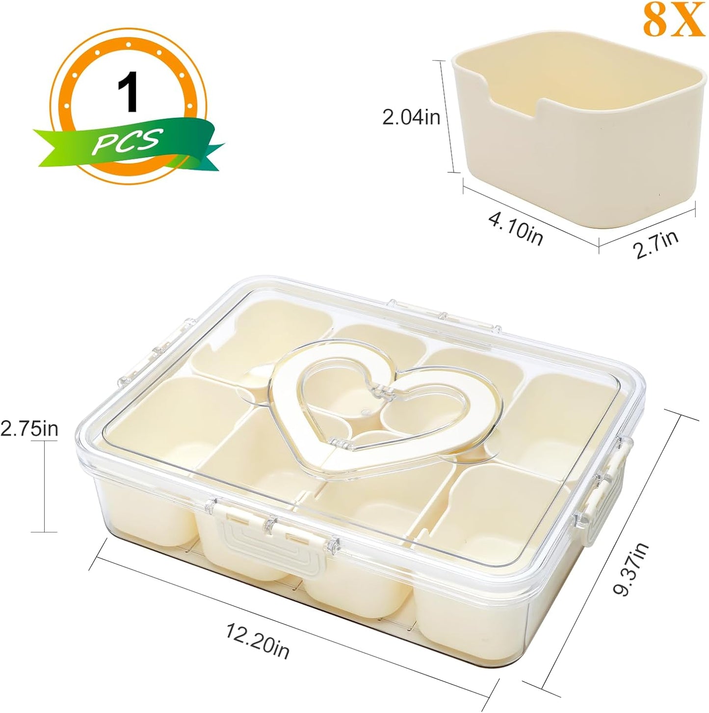 XING-RUIYANG Divided Serving Tray with Lid and Handle,Snackle Box Containers with 8 Compartment,Portable Snack Serving Platters Reusable Storae Organizer for Fruits,Nuts,Candy,Party,Picnic,Veggies