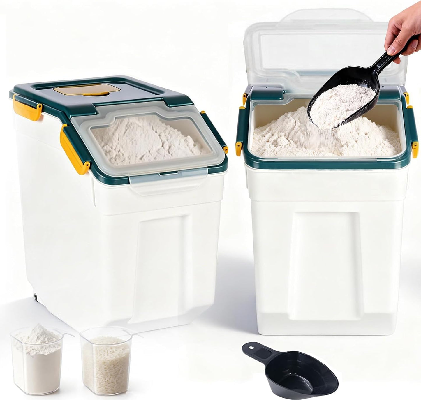 RUIAN 2Pcs Large Flour Storage Container Bin 50Lb Airtight Rice Storage Containers with Wheels Seal Locking Lid, BPA Free with Measuring Cup&Scoop for Flour, Rice, Grain 100LBS Total (Blue)