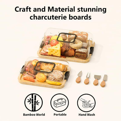 2-Pack Charcuterie Board with Lid 4" Heightened Lid - 14.2" & 13.4" Bamboo Trays Entertaining - Housewarming Warming Gifts New Home, Gifts for Women - Large Food Platter
