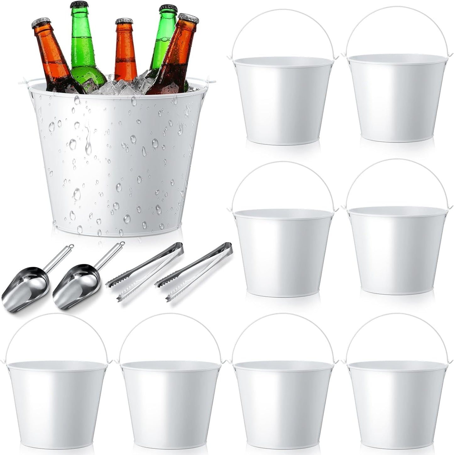 Zopeal 12 Pcs Galvanized Beer Bucket Set, Includes 8 Metal Ice Buckets 5qt with 2 Scoops & 2 Tongs, Round Slive Pails Bulk for Weddings Birthday Beach Pool Party Supplies Summer Table Centerpieces