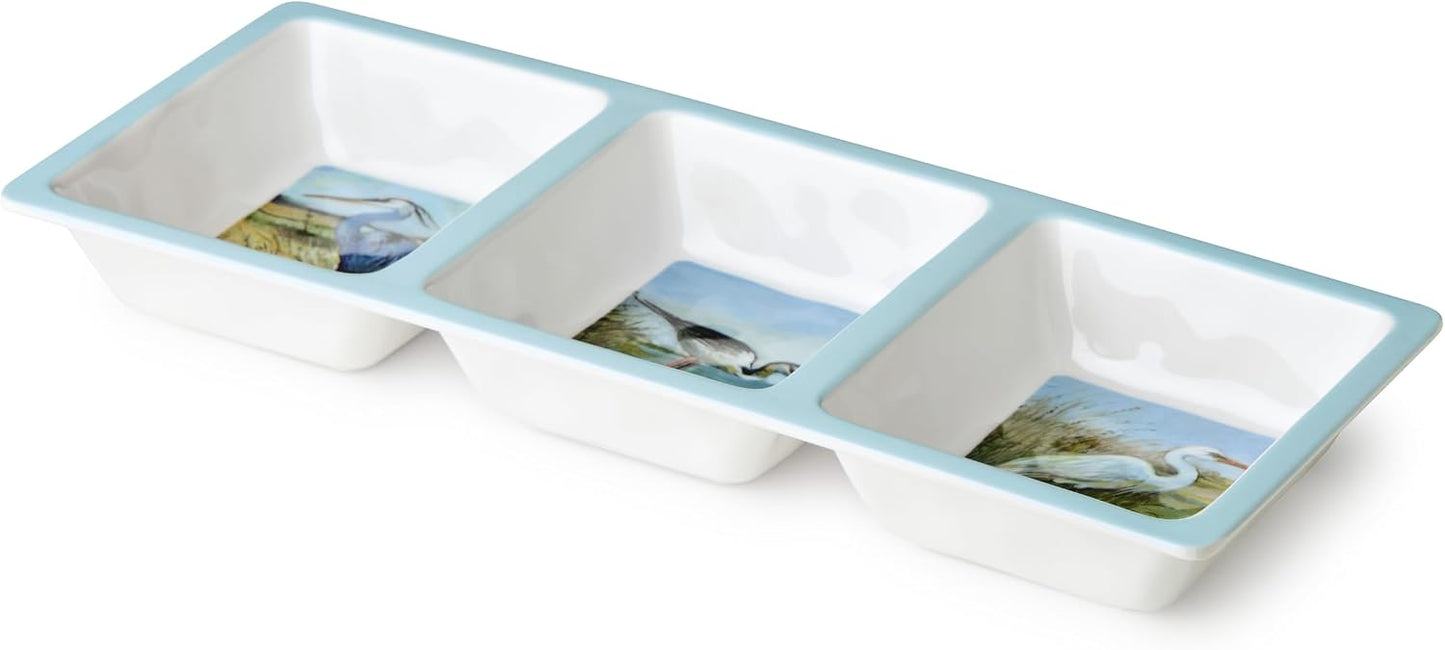 Coastal Birds Melamine 3-Pc. HOSTESS SERVING SET – Chip & Dip, 3-Section Relish Tray, Rectangular Platter – Shatterproof BPA-Free Outdoor Serving for Beach House Entertaining, Appetizers & Seafood