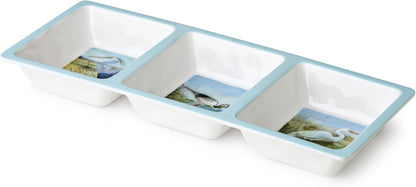 Coastal Birds Melamine 3-Pc. HOSTESS SERVING SET – Chip & Dip, 3-Section Relish Tray, Rectangular Platter – Shatterproof BPA-Free Outdoor Serving for Beach House Entertaining, Appetizers & Seafood