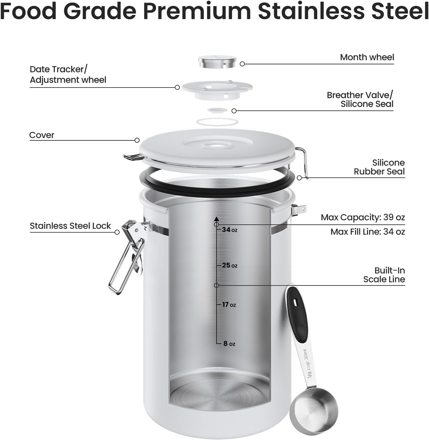 Veken Coffee Canister with Window, Family Choice Awards Winner, Airtight Stainless Steel Home Kitchen Food Storage Container with Lids for Grounds, Beans, Tea, Flour,Cereal,Sugar Jars,Scoop,16OZ,Black