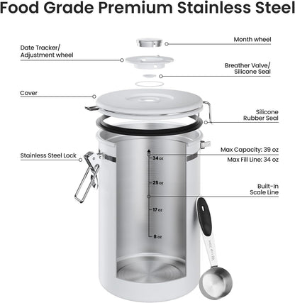 Veken Coffee Canister with Window, Family Choice Awards Winner, Airtight Stainless Steel Home Kitchen Food Storage Container with Lids for Grounds, Beans, Tea, Flour,Cereal,Sugar Jars,Scoop,16OZ,Black