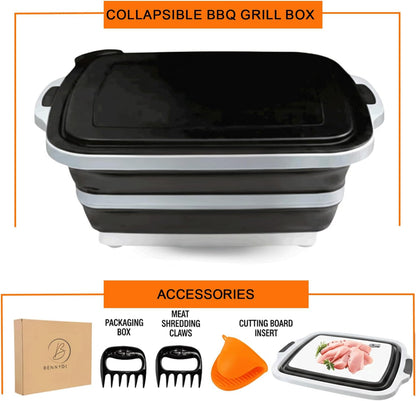 BBQ Prep Tub | Meat Prep Tub with Locking Lid, 2 Meat Shredder Claws & BBQ Mitts Collapsible with Cutting Board, Drain Plug Portable for Camping & Grill Design Picnic,Marinating Meat,Gift For Mothers