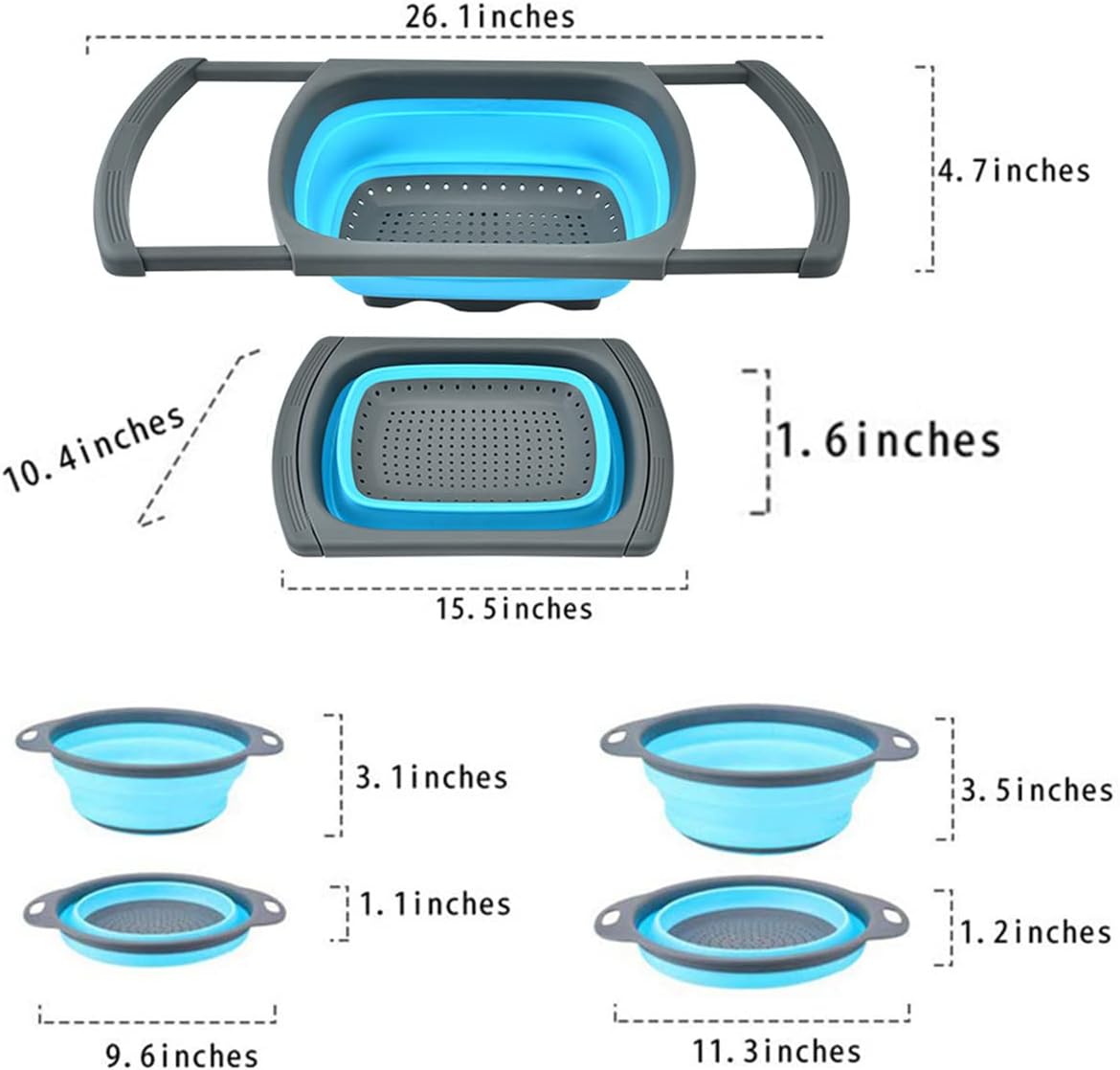 New Version 11Pack Silicone Kitchen Strainer Collapsible Colander with Foldable Silicone Measuring Spoon Measuring Cup Kitchen Good Tools (Blue) 9.6 * 1.1