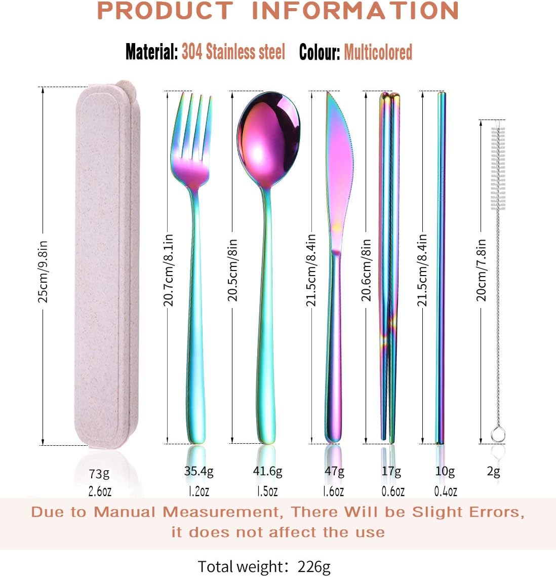 AARAINBOW 6 Pieces 18/8 Stainless Steel Flatware Set Portable Reusable Cutlery Set Travel Utensils Set Including Chopsticks Knife Fork Spoon Straws Cleaning Brush Dishwasher Safe (Green golden)