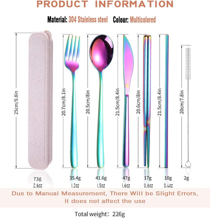 AARAINBOW 6 Pieces 18/8 Stainless Steel Flatware Set Portable Reusable Cutlery Set Travel Utensils Set Including Chopsticks Knife Fork Spoon Straws Cleaning Brush Dishwasher Safe (Green golden)