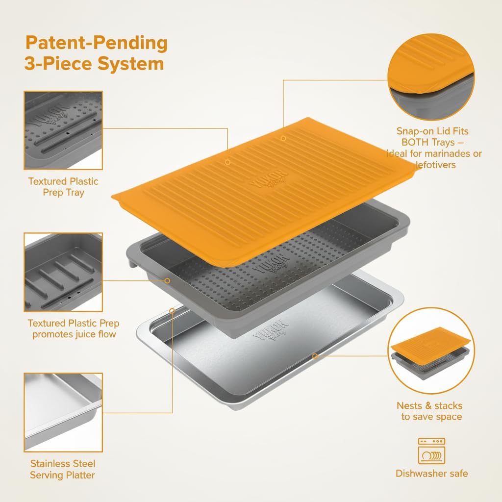 PREP ‘N Serve Premium Set™ - Plastic Container with Lid for Marinades, Stainless Steel Serving Tray, Aluminum Defrosting Tray, and a Plastic Cutting Board - the Ultimate BBQ Food Prep Utensil Set
