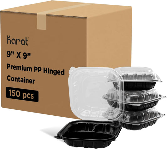 Karat Premium PP Hinged Container [150 ct], Take Out Food Containers - Case (9"x9", 3 compartments)