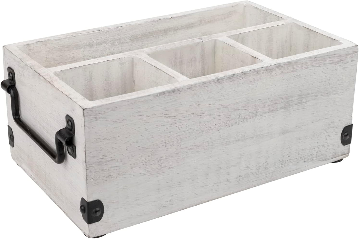 GoCraft 4-Compartment Flatware Caddy – Wooden Cutlery Holder with Napkin Holder, Silverware & Condiment Organizer, White Washed Mango Wood with Metal Handles, Perfect for Kitchen, Dining, and Picnics