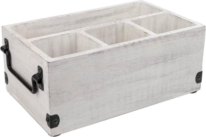 GoCraft 4-Compartment Flatware Caddy – Wooden Cutlery Holder with Napkin Holder, Silverware & Condiment Organizer, White Washed Mango Wood with Metal Handles, Perfect for Kitchen, Dining, and Picnics