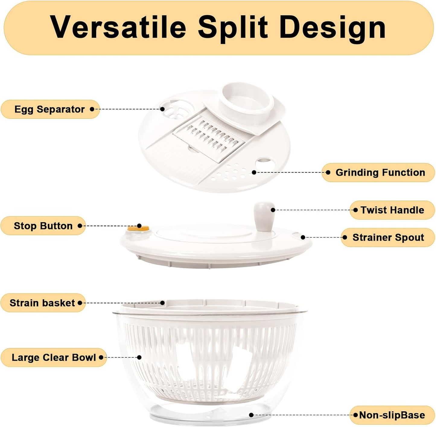 Salad Spinner Large, 5.3 QT 5 IN 1 Lettuce Spinner Dryer with 5 Blades Slicing and Pureeing Vegetables Wash Bowl Kitchen Gadgets for Efficient Salad Preparation Food Washing