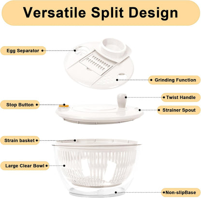 Salad Spinner Large, 5.3 QT 5 IN 1 Lettuce Spinner Dryer with 5 Blades Slicing and Pureeing Vegetables Wash Bowl Kitchen Gadgets for Efficient Salad Preparation Food Washing