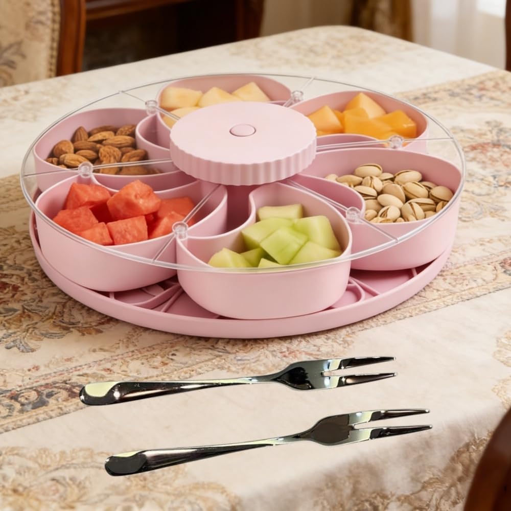 Divided Serving Tray that Spins, Snack Spinner with Lid & 5 Compartments, Divided Serving Tray that Spins Perfect for Snacks Candy Nuts Appetizers, Ideal for Kitchen Party Picnic (Gray)