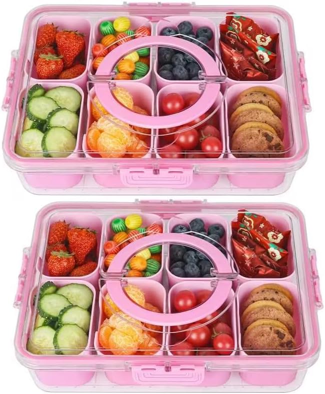 shopwithgreen 2Pcs Divided Serving Tray with Lid and Handle, Portable Snackle Box Snack Containers for Charcuterie, Party, Veggies, Snack, Fruit, Nuts, Candy, Chip, Entertaining, Picnic