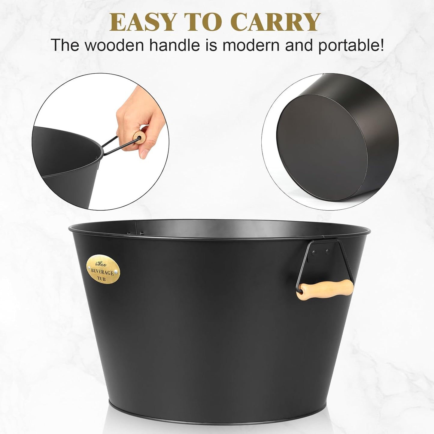 5.5 Gallon Large Beverage Tubs for Parties, 21L Galvanized Ice Bucket with Wooden Handles for Beer, Wine, Cocktails & Outdoor Events -Black