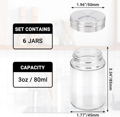 Segarty Spice Jars, 3 oz Spice Bottles with Shaker Lids, Glass Empty Seasoning Containers with Adjustable Pour Holes for Kitchen Spice Storage Stainless Steel Flow Top Salt and Pepper Shakers
