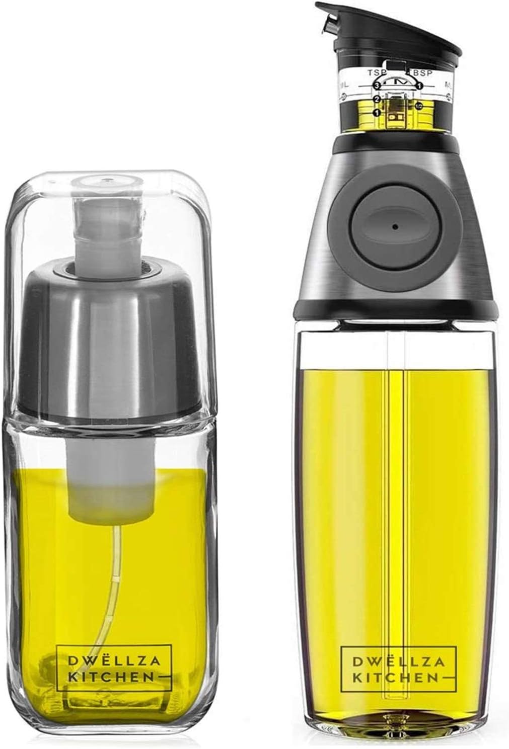 DWËLLZA KITCHEN Olive Oil Dispenser Bottle For Kitchen Set 6 oz Sprayer For Cooking and Glass 17 Oz. Cooking Pour Dispenser With Measurements for Cooking, Airfryer, Salad & BBQ