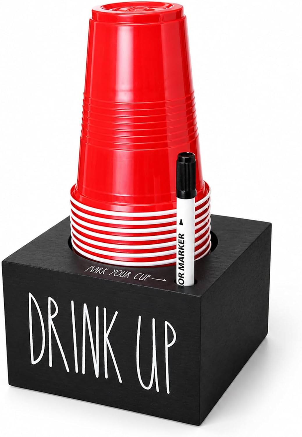Cup Holder with Marker Slot, Mark Your Cup and Drink Up Cups Dispenser, Farmhouse Disposable Cups Organizer, Rustic Plastic Cups Caddy for Wedding Housewarming Party Decor