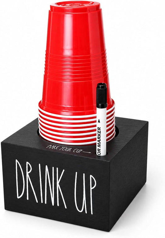 Cup Holder with Marker Slot, Mark Your Cup and Drink Up Cups Dispenser, Farmhouse Disposable Cups Organizer, Rustic Plastic Cups Caddy for Wedding Housewarming Party Decor
