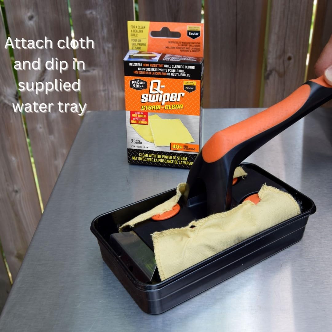 Proud Grill Q-Swiper XL Steam-Clean BBQ Grill Cleaner Set - 1 Bristle & Wire-Free Brush with Scraper, 2 Kevlar Steam Clean Cloths & 1 Water Tray, Grease & Grime Remover, Outdoor Barbecue Accessories