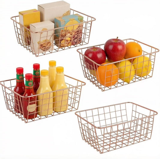 Jucoan 4 Pack Metal Wire Storage Baskets, Rose Gold Wire Baskets with Handles, Pantry Organizer Storage Bins for Kitchen, Freezer, Closet, Laundry Room, Cabinets