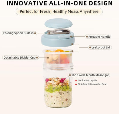 2 Pack Overnight Oats Containers with Lids and Handles, Folding Spoons & Divided Compartments for Fruit & Nuts, 16oz Mason Jars for Oatmeal Yogurt Container Chia Pudding Jars with lids (Cream 2pcs)