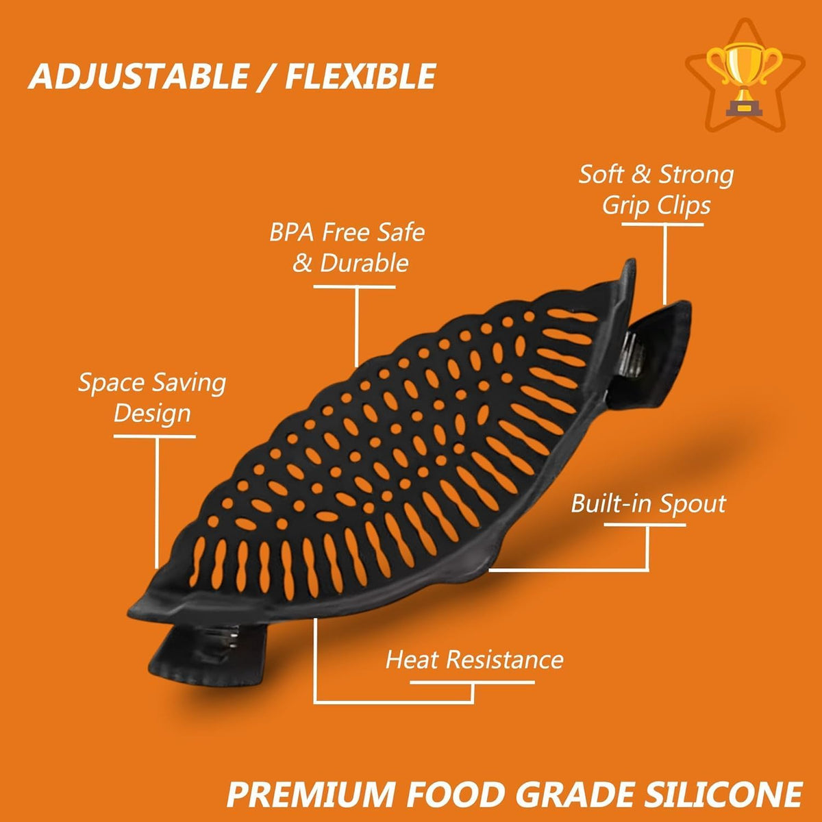 Clip On Strainer Silicone for All Pots and Pans, Pasta Strainer Clip on Food Strainer for Meat Vegetables Fruit Silicone Kitchen Colander (Black)
