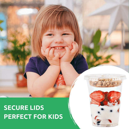 Aatriet Clear Plastic Parfait Cups with Insert &Lids No Hole - Yogurt Fruit Parfait Cups for Kids, for Dips and Veggies, Take Away Breakfast and Snacks. No Leaking (12oz. flat, 50sets)