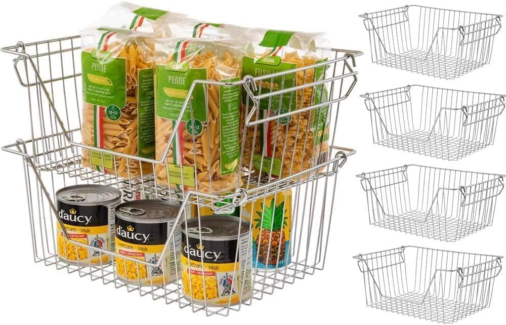 Stackable Wire Metal Baskets Sturdy Cabinet Organizer Wire Pantry Freezer Bin with Handle for Kitchen Fruit Vegetable Organization, Black, 3Packs