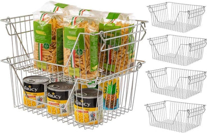 Stackable Wire Metal Baskets Sturdy Cabinet Organizer Wire Pantry Freezer Bin with Handle for Kitchen Fruit Vegetable Organization, Black, 3Packs