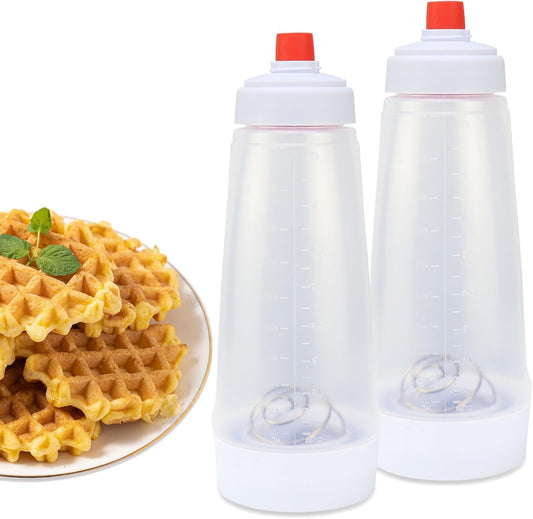 2 Pack Pancake Batter Dispenser with BlenderBall and Wire Whisk, 33 Oz Silicone Squeeze Pancake Mix Dispenser, Kitchen Pancake Batter Dispenser Bottle for Waffle Cupcakes Muffins Crepes Qatayef