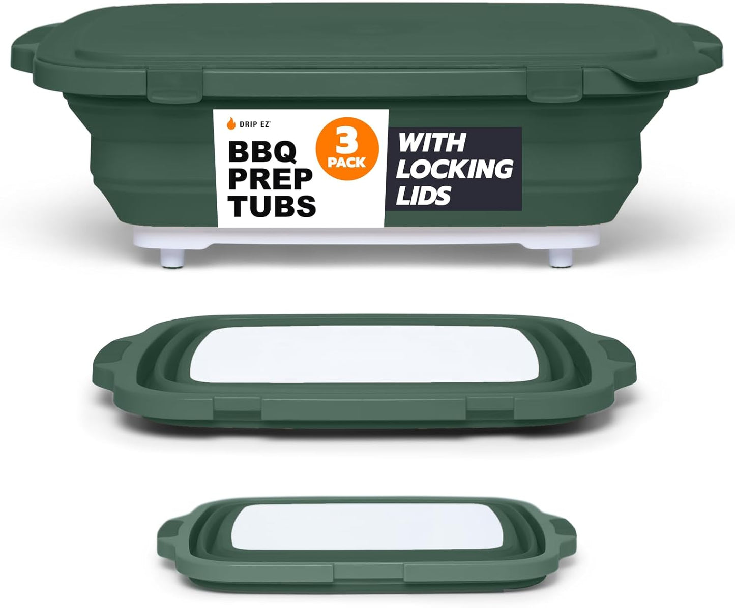 Drip EZ Collapsible BBQ Prep Tubs 3-Piece Set- For Meal Prep Marinating Food Storage - Includes Cutting Board & Lid - (1) JR + (1) OG + (1) XL - Black