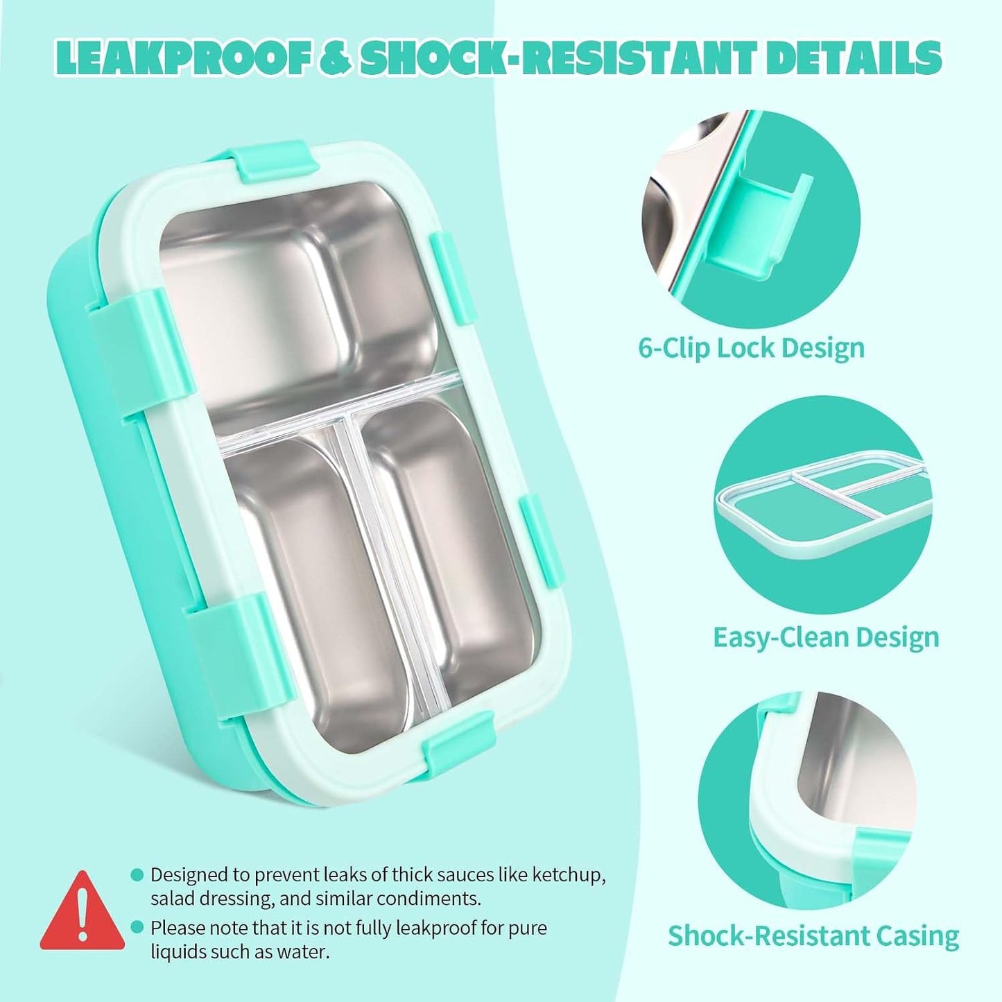 Kids Stainless Steel Bento Box, 3 Compartments Leakproof Lunch Box, Portable Food Storage Containers with Silicone Lids BPA-Free for Office, Picnics, Travel, Blue