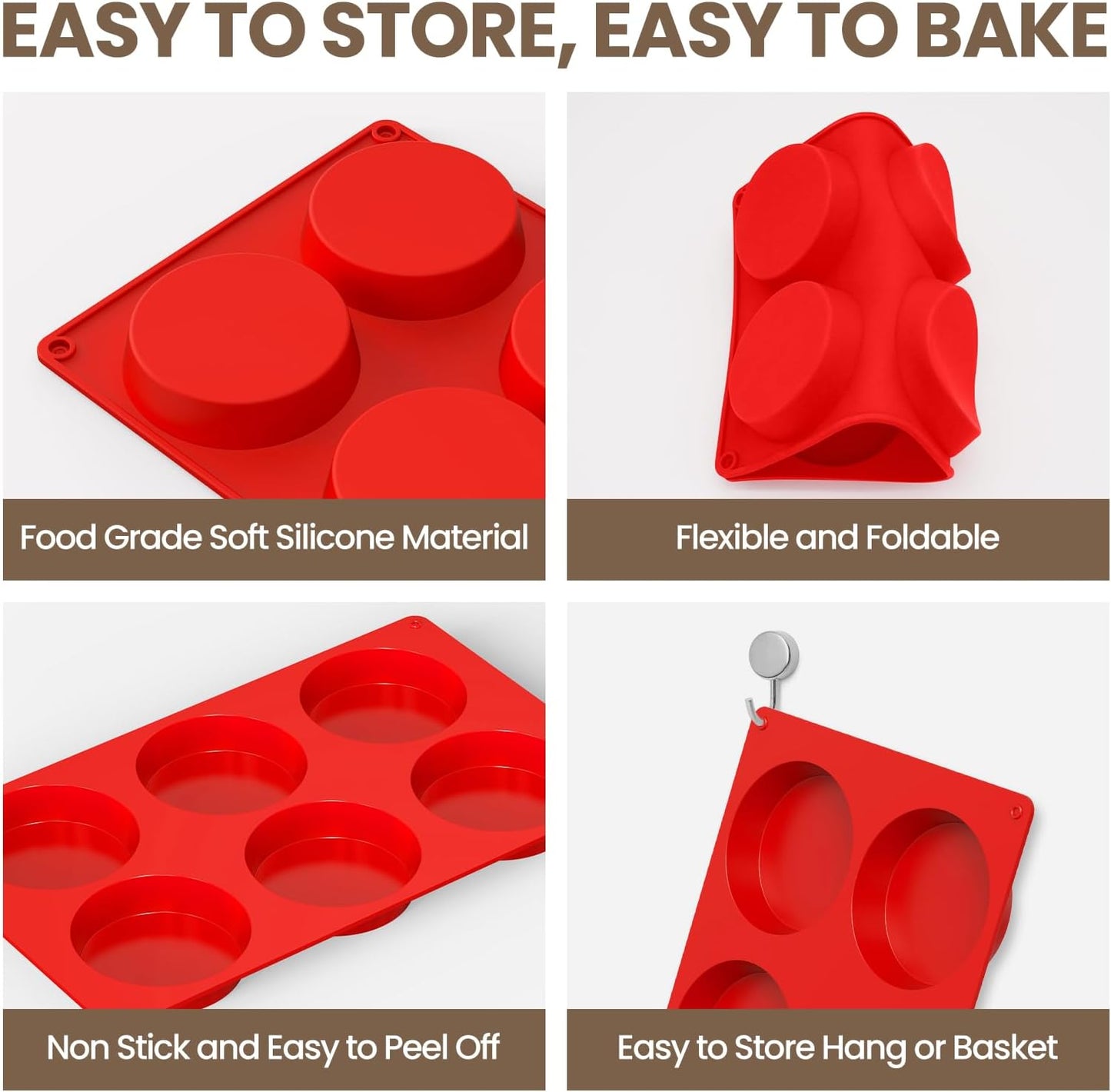 Redfly Silicone Egg Molds for Breakfast Sandwiches 2 Pcs, Non Stick 3 Inch Egg Bites Baking Pans, Silicone Muffin Pans for Baking, Round Muffin Top Pan for Whoopie Pie Pan, Tarts, Quiche