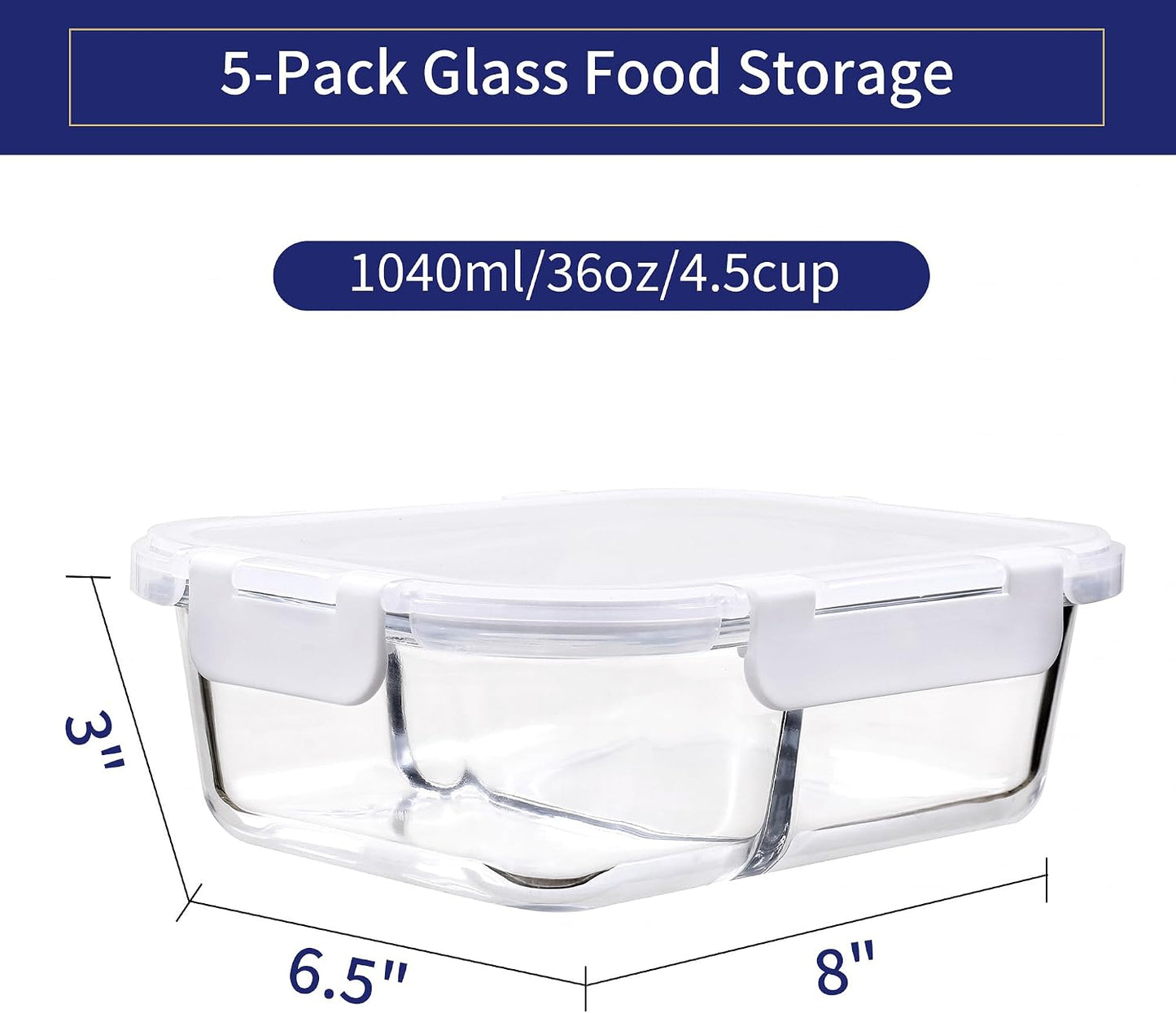 MFY 5-Pack 36 OZ Glass Storage Containers with Lids - 2 Compartment Meal Prep Set, Airtight Glass Lunch Containers, Microwave, Oven, Freezer & Dishwasher Safe, Gray