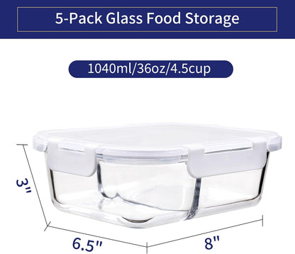 MFY 5-Pack 36 OZ Glass Storage Containers with Lids - 2 Compartment Meal Prep Set, Airtight Glass Lunch Containers, Microwave, Oven, Freezer & Dishwasher Safe, Gray