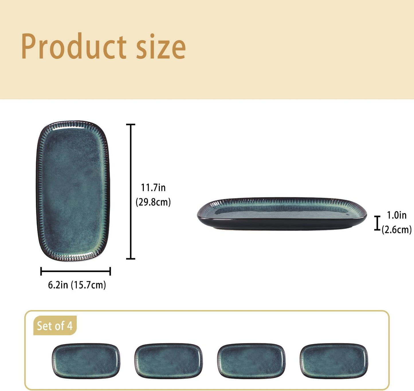Porcelain Rectangular Plates, Large Cookie Trays, Set of 4, Shatterproof, Dishwasher-Safe, Perfect for Sushi, Baguettes, Snacks, Appetizers, Rolls, or Table Centerpieces.